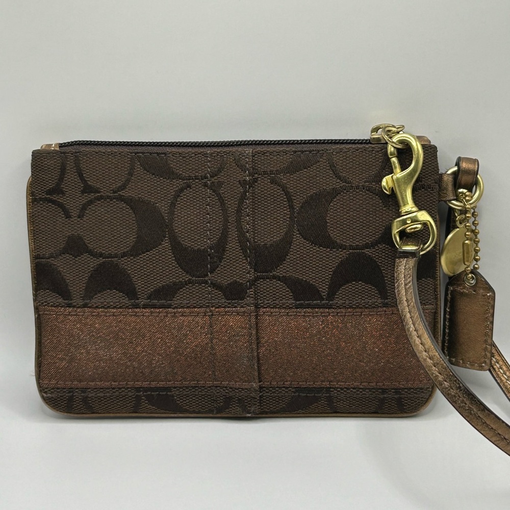Coach Signature Brown Canvas 66th Anniversary Double Zip Wristlet 6” x 4.5” - Picture 2 of 10